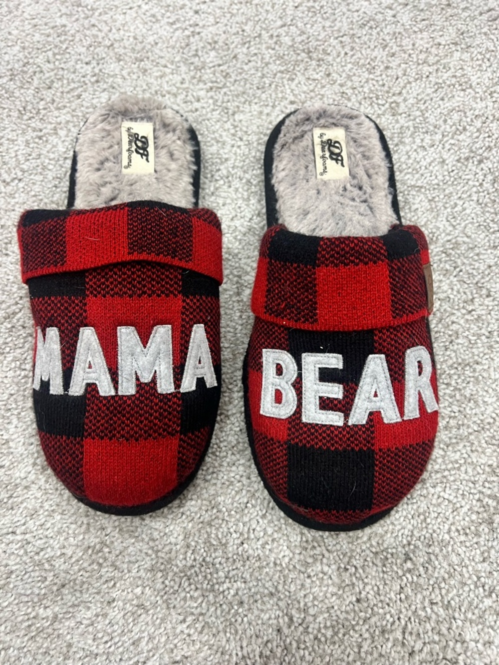 dearfoams Red and Black Plaid Slip-On Slippers - MAMA BEAR Embroidery